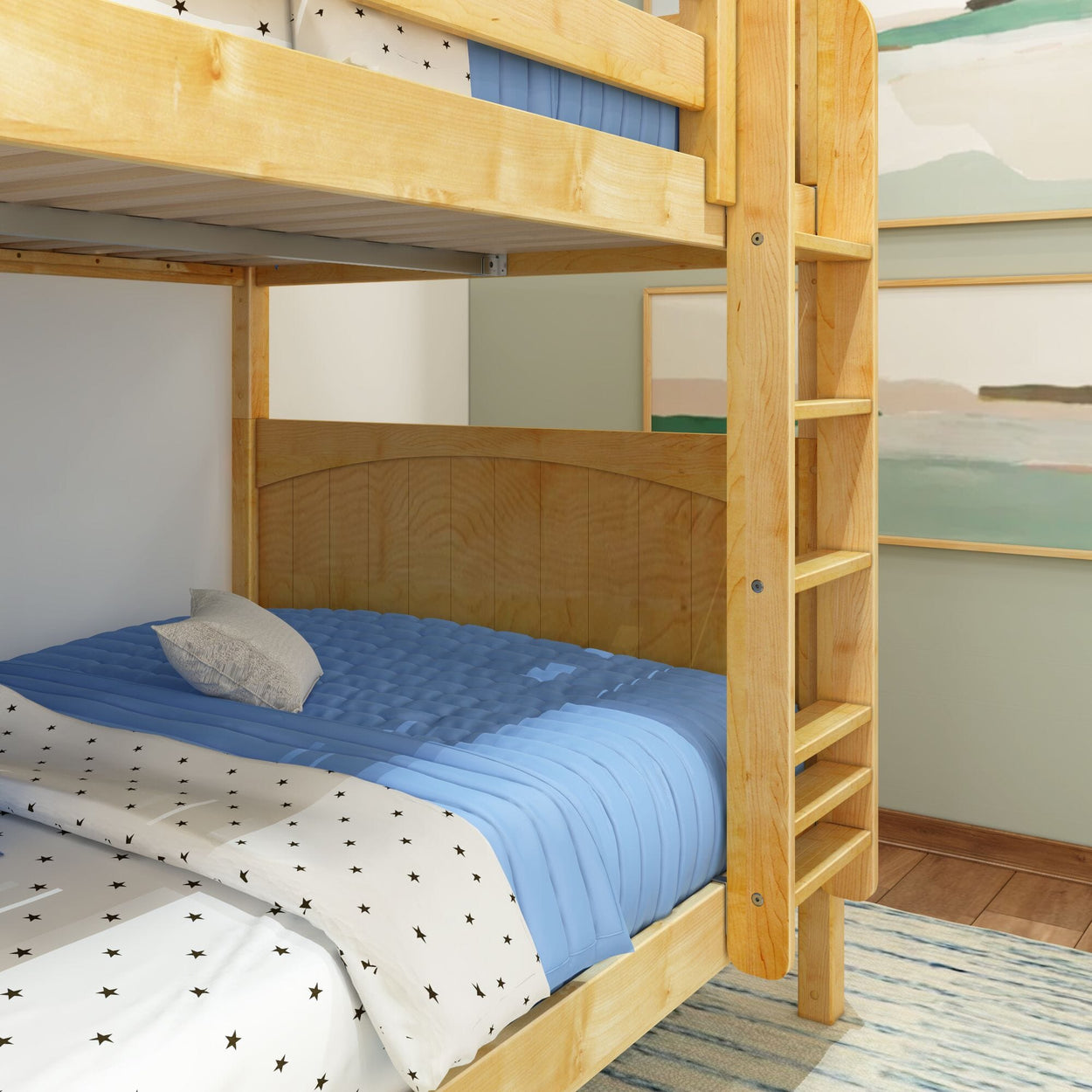Wooden bunk bed with blue bedding and star-patterned sheets in a cozy bedroom setting.