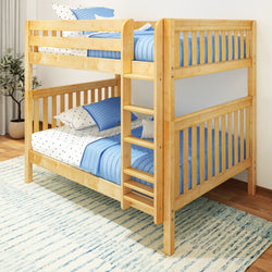 Wooden bunk bed with blue bedding set in modern bedroom.