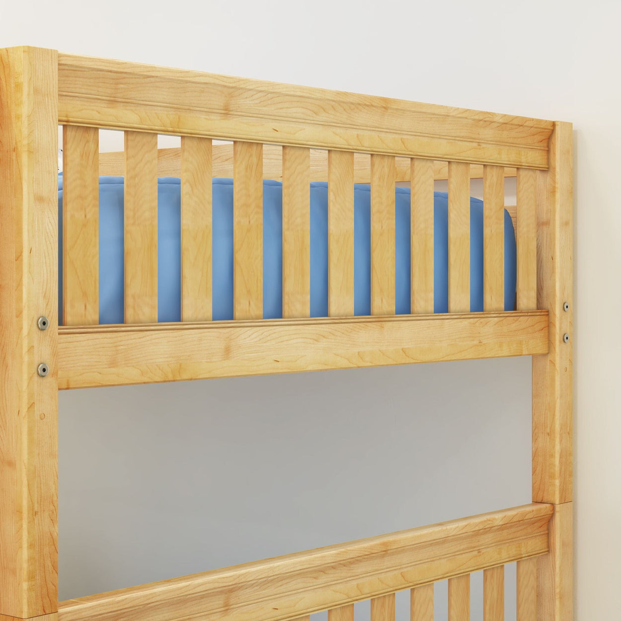Wooden bunk bed with blue mattress in a minimalistic room.