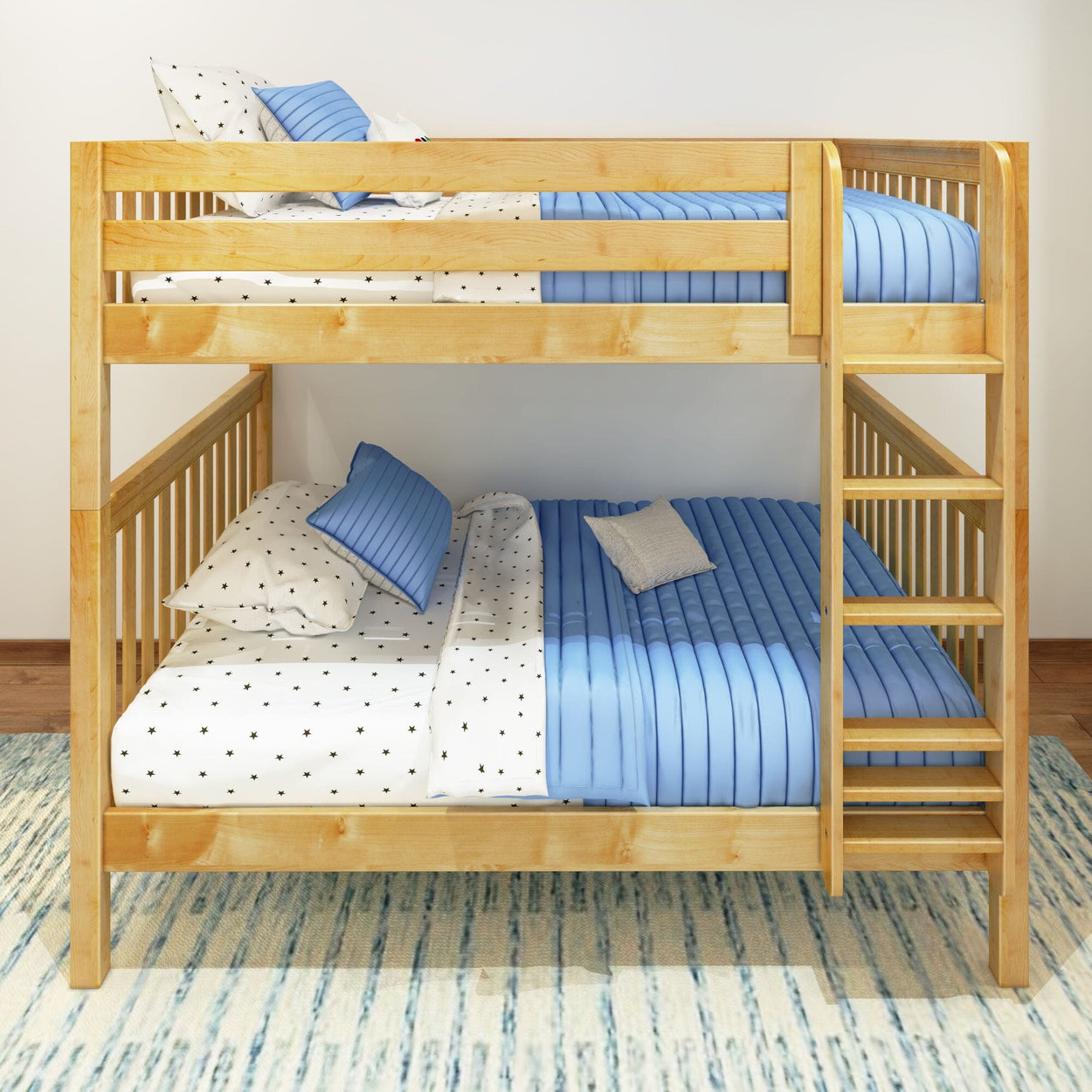 Wooden bunk bed with blue and white bedding set in a modern bedroom.