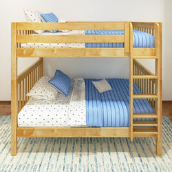 Wooden bunk bed with blue and white bedding set in a modern bedroom.