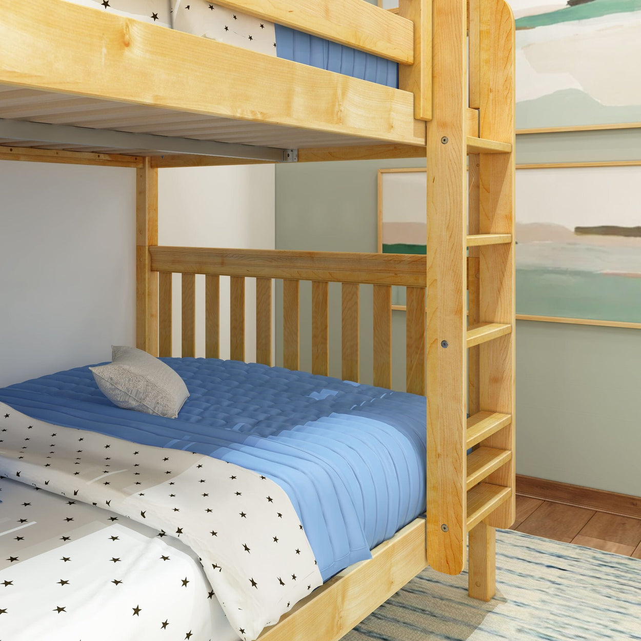 Wooden bunk bed with blue bedding and star-patterned sheets in a cozy, modern bedroom.