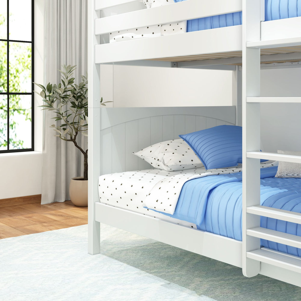 White wooden bunk bed with blue bedding and star-patterned pillows in a bright, cozy bedroom.