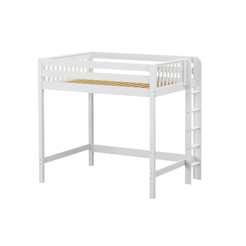 White wooden loft bed with side ladder, safety guardrails and slatted mattress base for a space-saving kids' bedroom