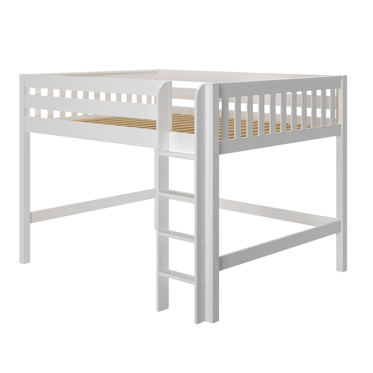 White wooden loft bed frame with integrated ladder and safety rails, space-saving elevated twin bed with slatted mattress platform