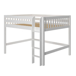 White wooden loft bed frame with integrated ladder and safety rails, space-saving elevated twin bed with slatted mattress platform