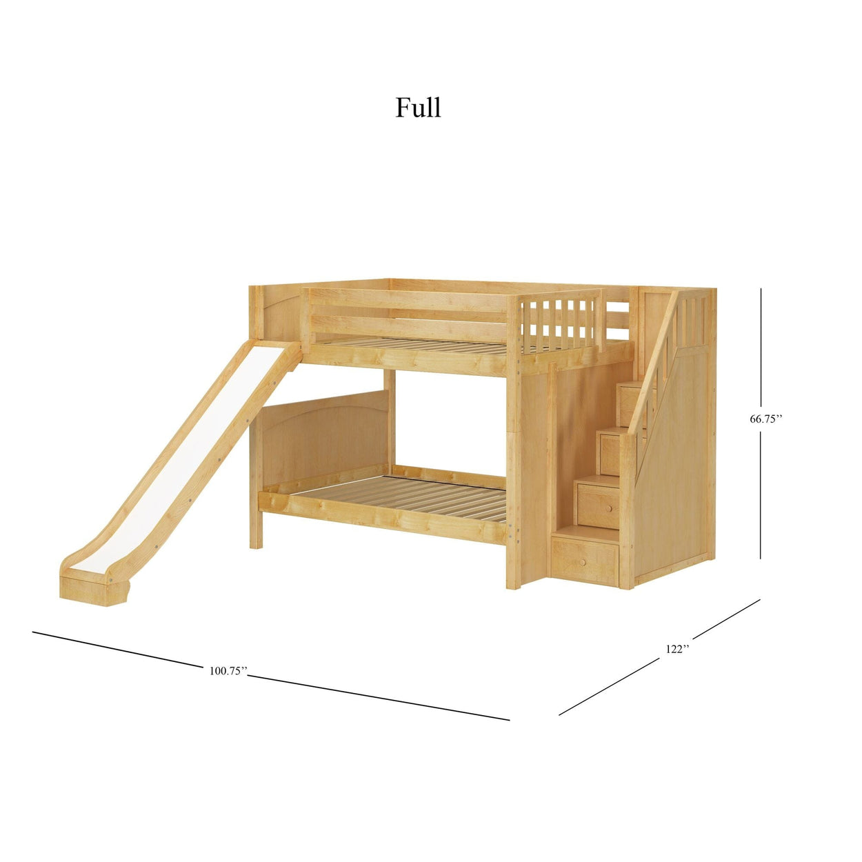 Wooden full-size loft bed with slide and stairs featuring dimensions.