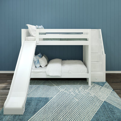 White wooden bunk bed with slide and staircase in a kids' bedroom with blue wall paneling.