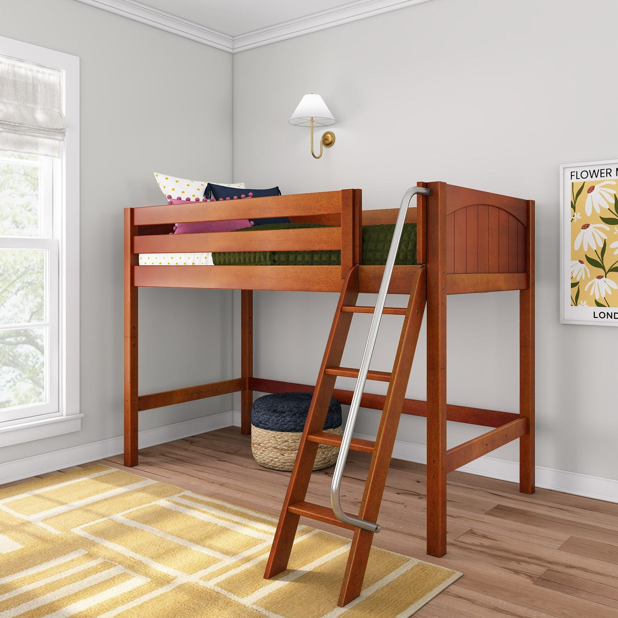 Wooden twin loft bed with metal ladder in bright kids bedroom, space-saving elevated bed with guardrails and pillows