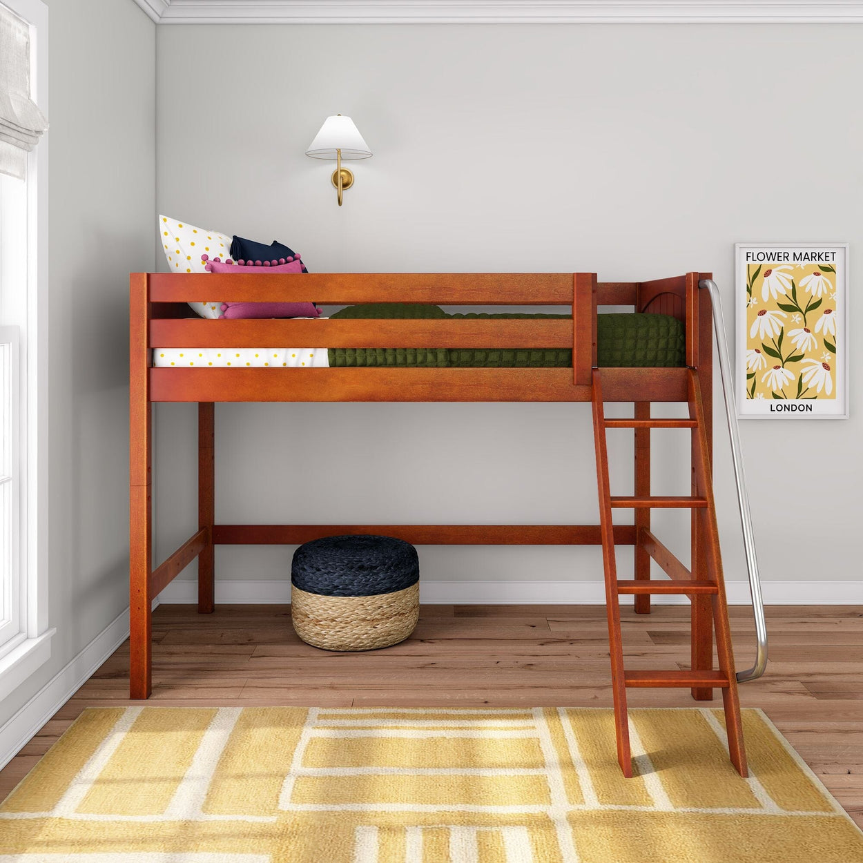 Twin wooden loft bed with ladder in kids' room, green bedding, accent pillows, yellow rug and floral wall art