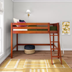 Twin wooden loft bed with ladder in kids' room, green bedding, accent pillows, yellow rug and floral wall art