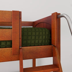 Close-up of a cherry-finish wooden kids bunk bed with ladder, metal safety rail and green quilted comforter