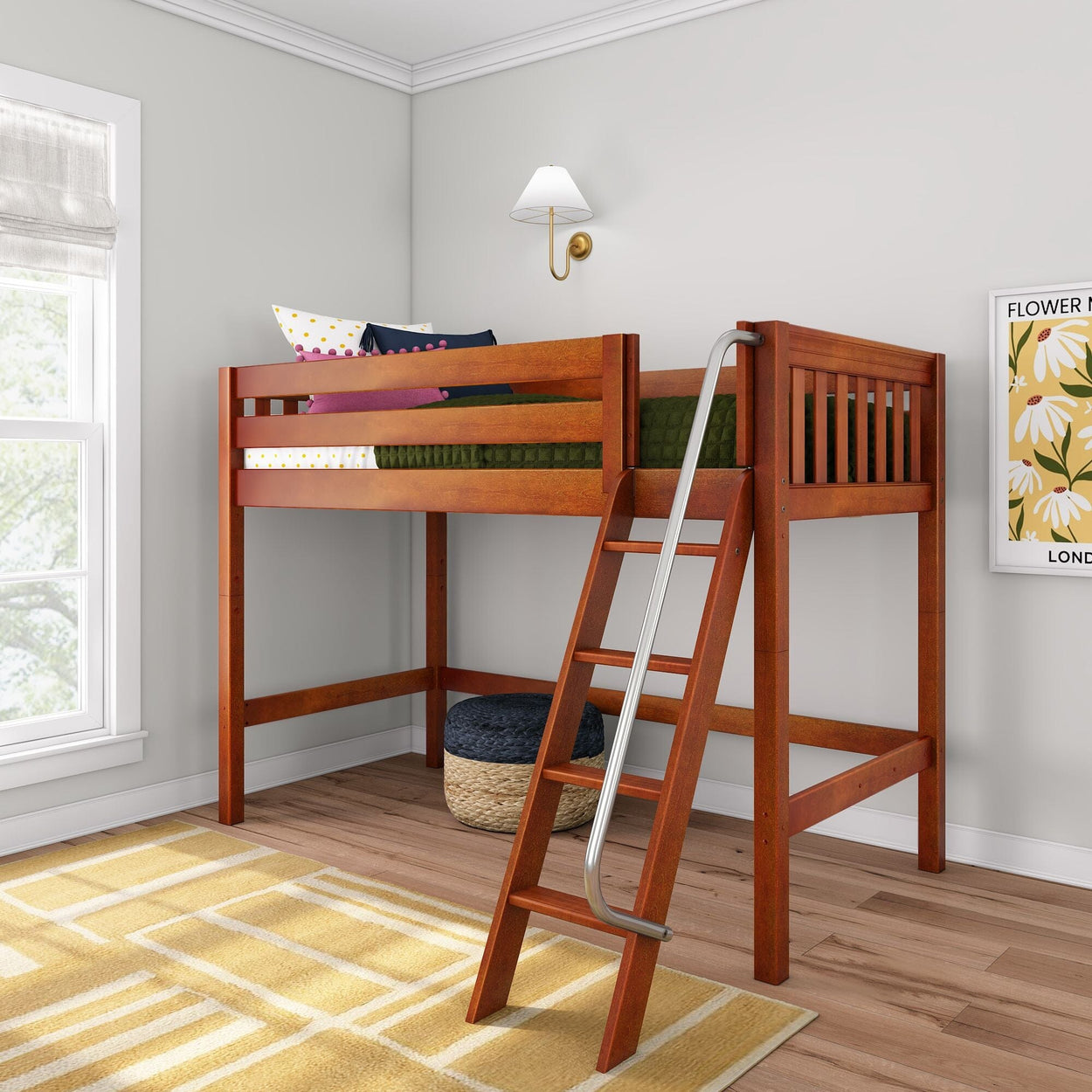 Twin wooden loft bed with ladder and safety rail in bright kids' bedroom, cherry finish, space-saving elevated sleeping area