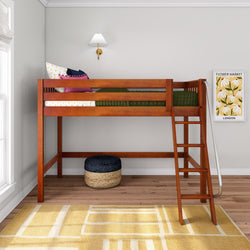 Space-saving wooden loft bed with ladder, green quilted bedding and colorful pillows in a modern kids' bedroom with woven pouf and yellow area rug.