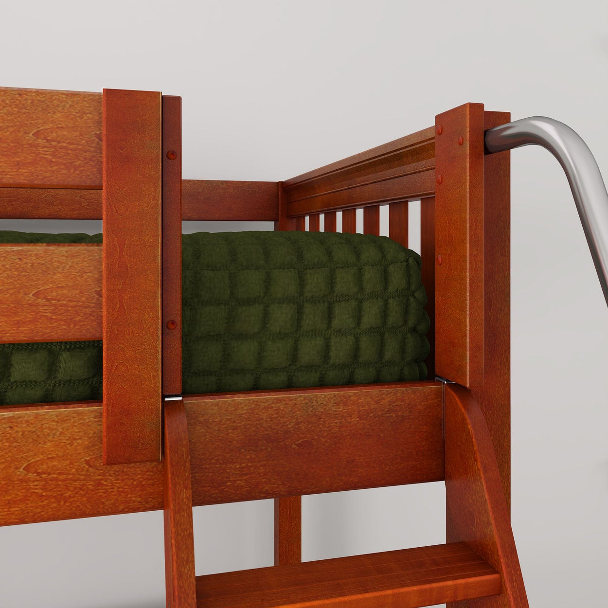 Close-up of wooden bunk bed ladder and guardrail with olive green quilt and chrome handrail, solid wood twin loft bed detail
