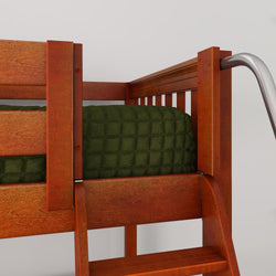 Close-up of wooden bunk bed ladder and guardrail with olive green quilt and chrome handrail, solid wood twin loft bed detail