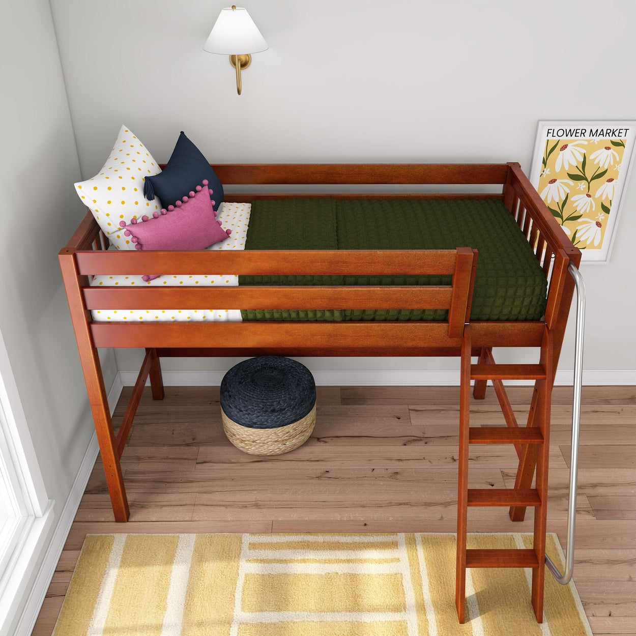 Solid wood twin loft bed with ladder, space-saving kids' bedroom setup featuring green quilted bedding, colorful decorative pillows, wall sconce and wood floors