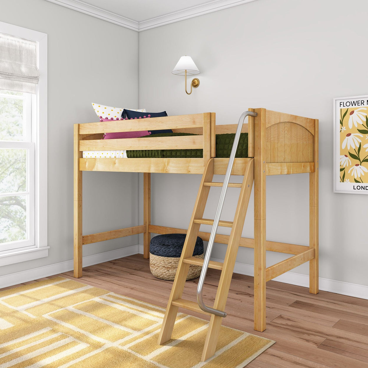 Natural wood twin loft bed with ladder in modern kids' bedroom, space-saving under-bed play and storage area