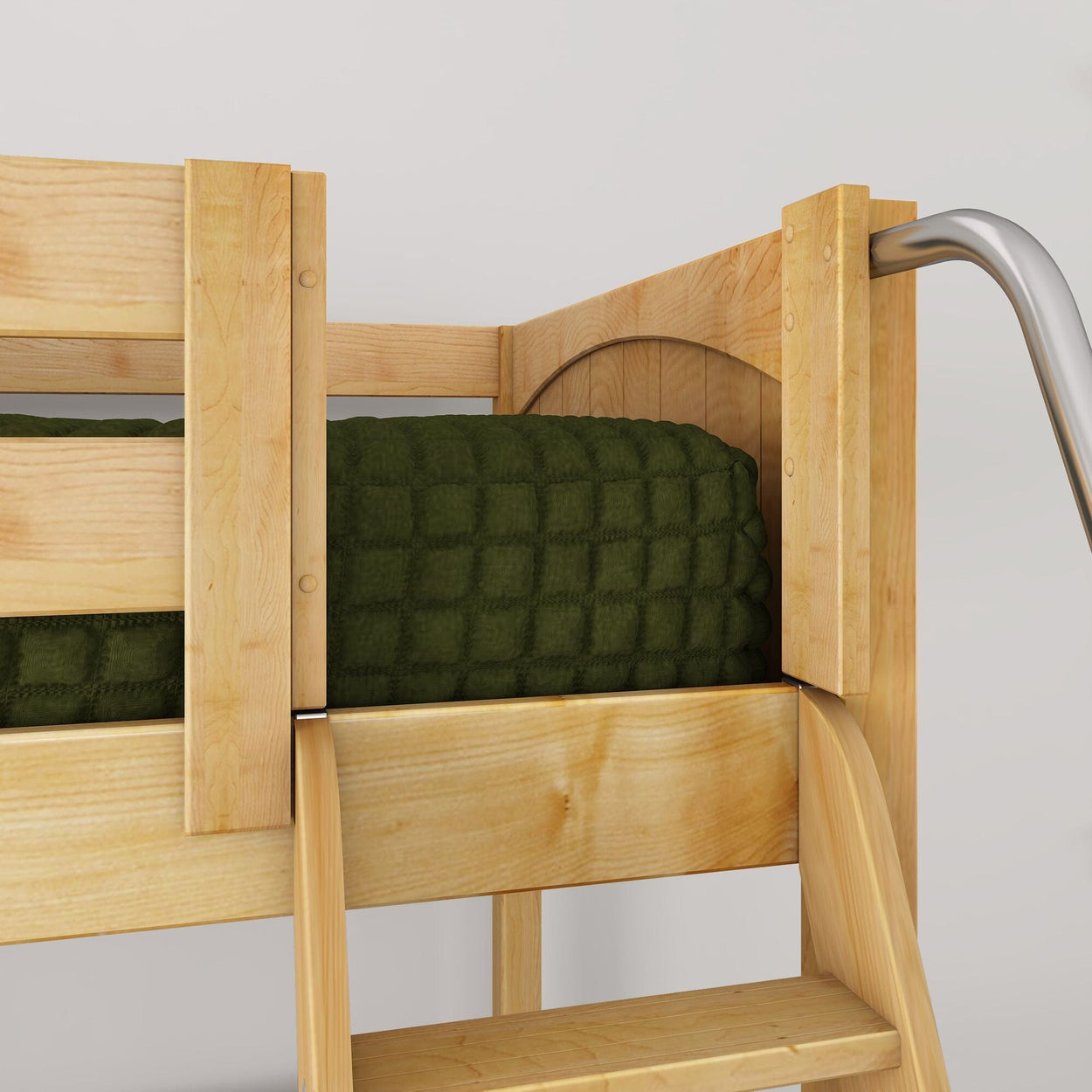 Close-up of natural pine bunk bed ladder and metal safety rail with green quilted mattress on top bunk, light wood finish
