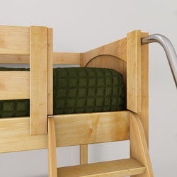 Close-up of natural pine bunk bed ladder and metal safety rail with green quilted mattress on top bunk, light wood finish