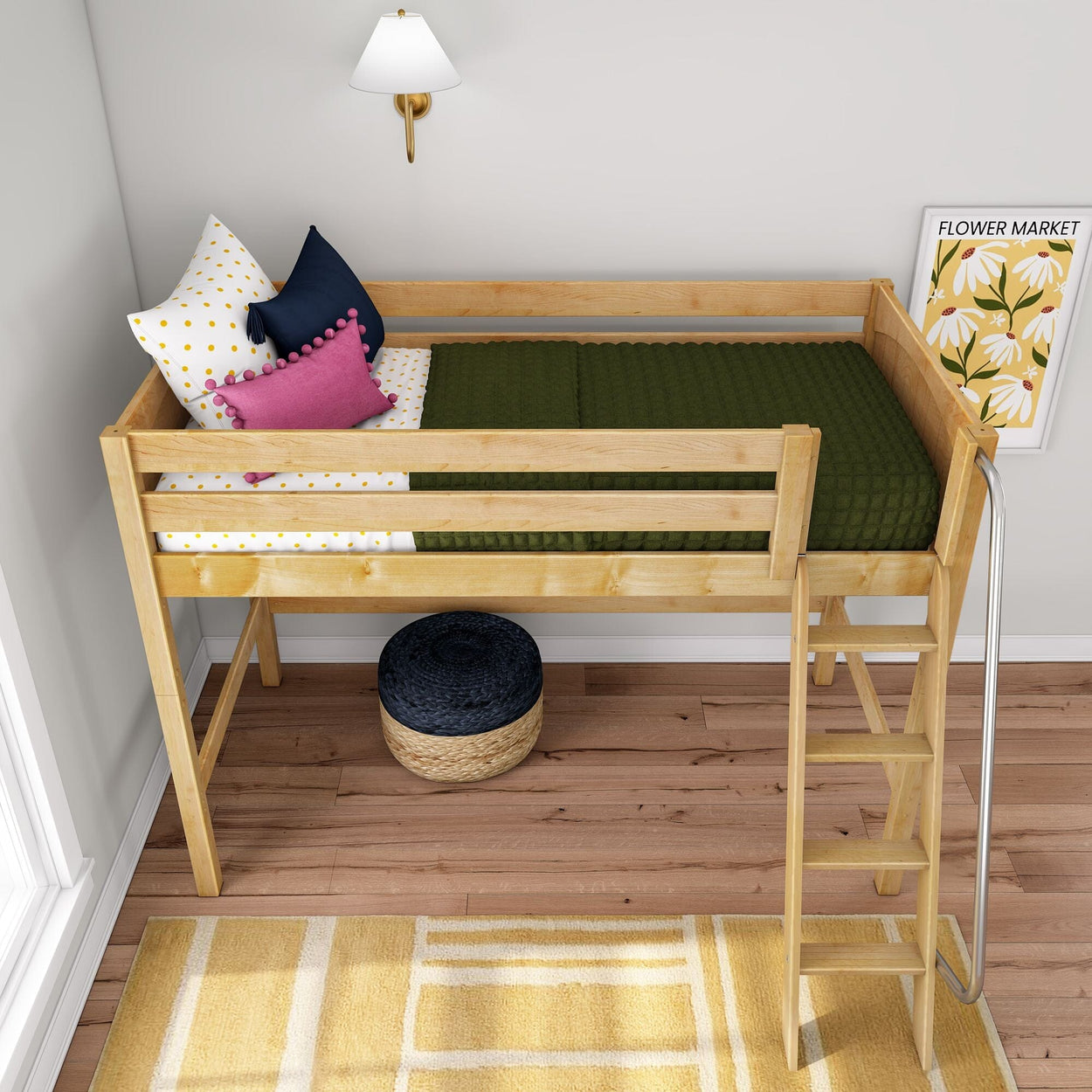 Natural wood loft bed with built-in ladder, dark green quilt, polka-dot and decorative pillows, woven pouf and yellow rug in a small modern kids' bedroom with floral "Flower Market" wall art