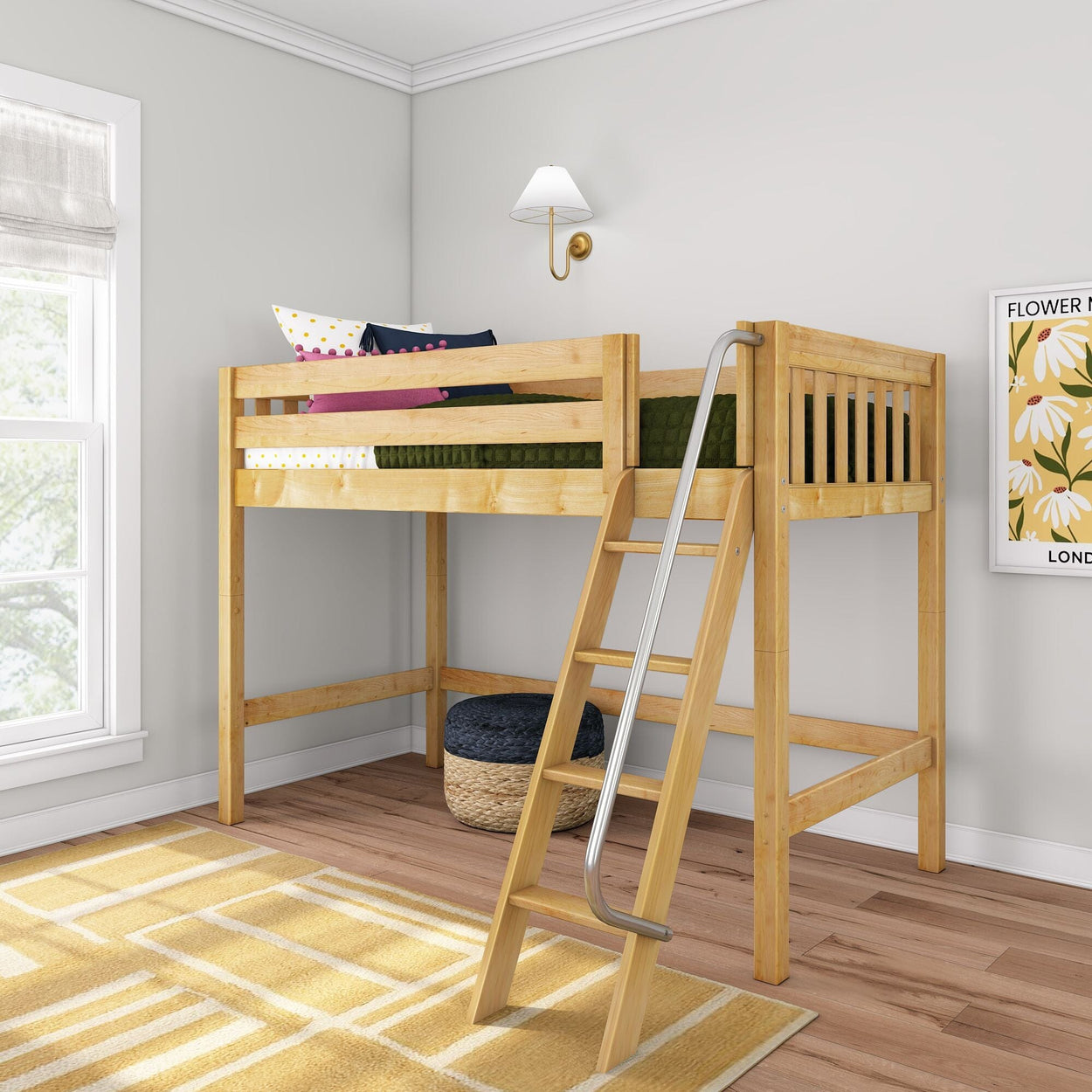 Light wood loft bed with angled ladder and safety rails in a bright kids bedroom, space-saving single loft bed with modern decor
