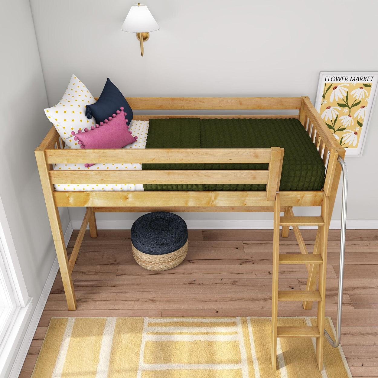 Children's natural wood loft bed with ladder, green quilt, polka-dot and decorative pillows, woven pouf and framed "Flower Market" floral print in bright bedroom