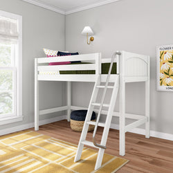 White twin loft bed with ladder and metal handrail in kids' bedroom — space-saving wooden children's loft bed with guardrail, colorful pillows, yellow rug and wall sconce