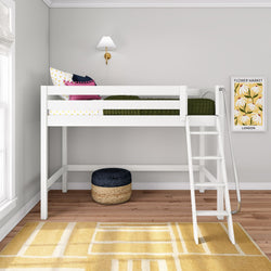 Space-saving white loft bed with ladder in modern kids' bedroom, green bedding, colorful pillows, yellow geometric rug, woven pouf and flower market wall art
