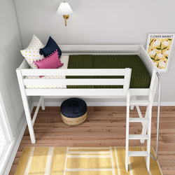 White kids loft bed with ladder, olive green quilt and polka-dot and pink accent pillows, wall sconce and "Flower Market" print over hardwood floor with woven pouf and yellow area rug