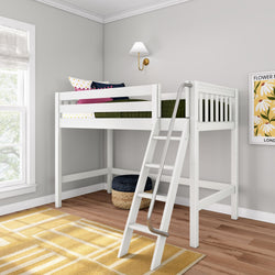 White loft bed with angled ladder and metal handrail in modern kids' room with hardwood floors, yellow geometric rug and floral wall art