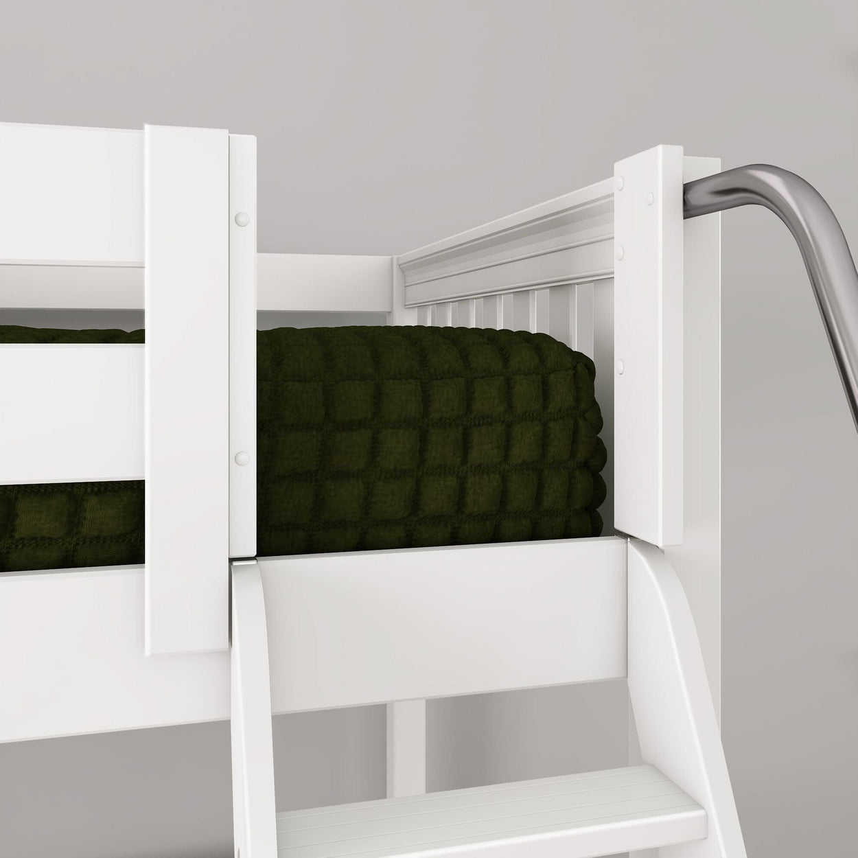 Close-up of white bunk bed ladder and safety guardrail with metal handrail and dark green quilted blanket in modern kids' bedroom