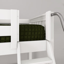 Close-up of white bunk bed ladder and safety guardrail with metal handrail and dark green quilted blanket in modern kids' bedroom