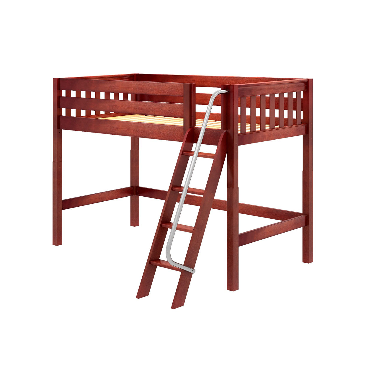 Cherry wood loft bed with ladder and guardrails, elevated space-saving bed frame for kids and teens