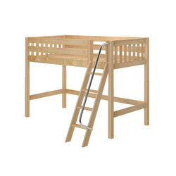 Natural pine wooden loft bed frame with angled ladder and safety guard rails, elevated space-saving bed for kids and small rooms