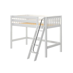 White wooden twin loft bed with ladder and safety rails, raised platform offering open under-bed space for desk or storage in minimalist design