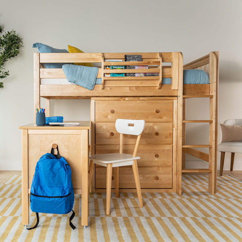 Solid natural wood loft bed with ladder, built-in desk and drawers, top bunk with blue bedding and yellow pillow, bookshelf with children's books, white study chair and blue backpack on yellow striped rug in modern kids bedroom