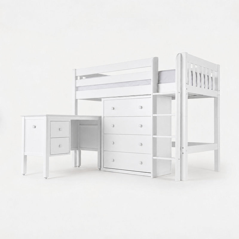 White loft bed with ladder, built-in drawers and under-bed desk on a clean white background — space-saving kids' bedroom furniture