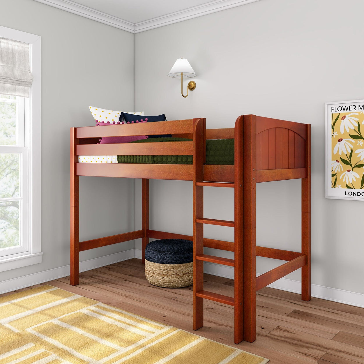 Cherry wood twin loft bed with ladder in modern kids' bedroom, space-saving raised bed with green bedding and open storage underneath