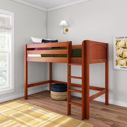 Cherry wood twin loft bed with ladder in modern kids' bedroom, space-saving raised bed with green bedding and open storage underneath