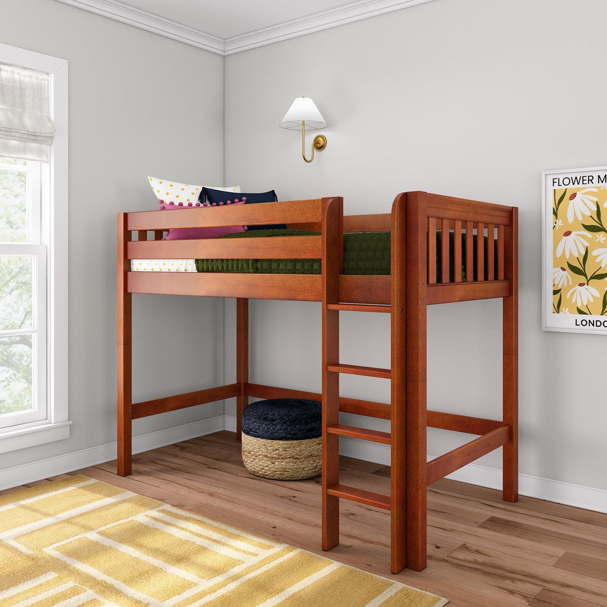 Solid wood twin loft bed in cherry finish with ladder and guardrail, space-saving kids' bedroom furniture with under-bed storage/study area