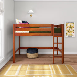 Space-saving twin wooden loft bed with ladder in a bright kids' bedroom, green bedding, colorful pillows, wall sconce, woven pouf and yellow patterned rug