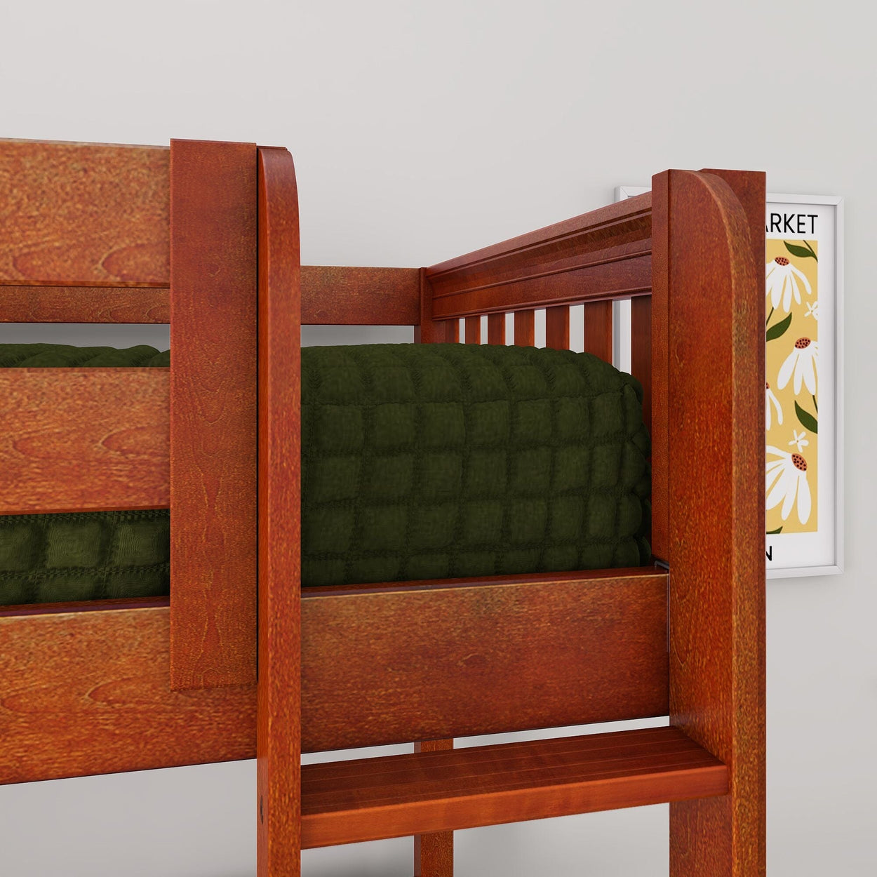 Close-up of a sturdy reddish-brown wooden bunk bed with ladder step, green quilted bedding and partial floral wall art in a children's bedroom