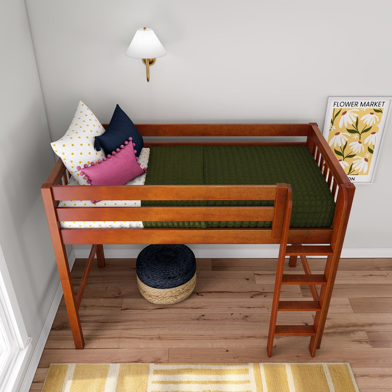 Space-saving wooden twin loft bed with ladder, green quilt, colorful decorative pillows, wall lamp and floral poster in modern kids' bedroom.