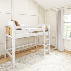 White twin loft bed with wooden ladder in a modern neutral kids bedroom, space-saving bed for small rooms