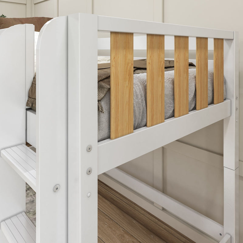Close-up of a modern white bunk bed safety rail with vertical natural wood slats, neutral bedding and hardwood floor in a bedroom