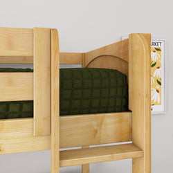 Solid natural pine bunk bed with ladder and dark green quilted bedding in a modern kids bedroom with daisy floral wall art