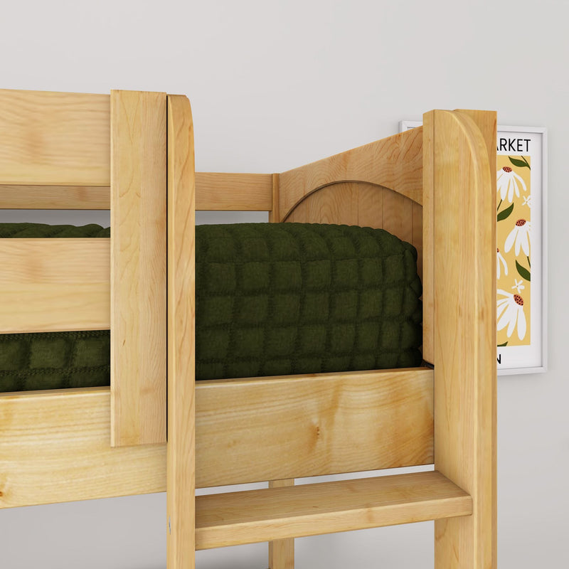 Solid wood bunk bed with natural pine finish and dark green quilted bedding, space-saving children's loft bed close-up