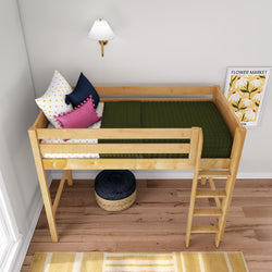 Natural wood loft bed with ladder in child's bedroom, twin-sized green quilt and colorful polka-dot and pink accent pillows, wall sconce and floral "Flower Market" print, space-saving kids bed on hardwood floor