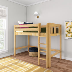 Natural pine twin loft bed with ladder in bright kids' bedroom, green bedding, yellow rug, space-saving design
